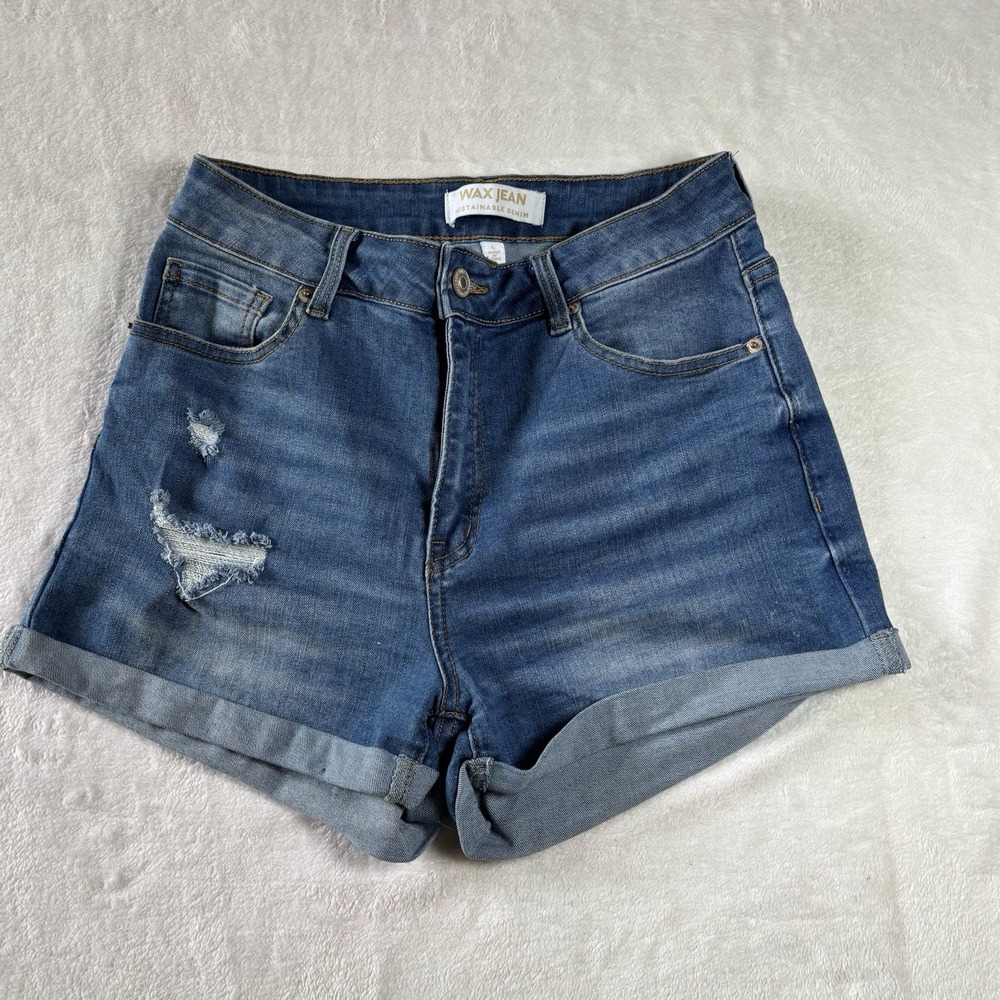 Wax Jean Shorts Womens L Blue Mid Rise Distressed Cuffed Denim Stretch Casual